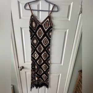 Elan Black and Tan Diamond Pattern Maxi Dress